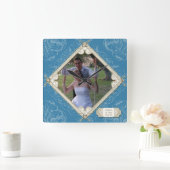 ダイヤモンドの渦巻の青いアジサイの結婚式の写真 スクエア壁時計 (ホーム)