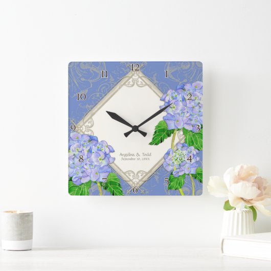 ダイヤモンドの渦巻の青いアジサイの結婚記念日 スクエア壁時計 (ホーム)