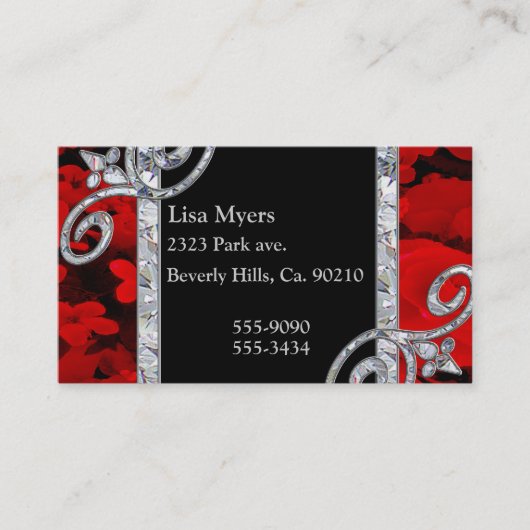 ダイヤモンドの渦巻及び赤いバラ 名刺 (正面)