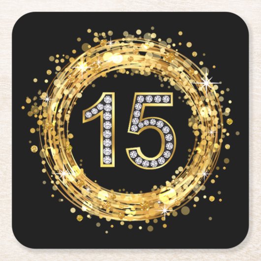 ダイヤモンドの第15グリッターのきらきら光るな紙吹雪|の金ゴールド スクエアペーパーコースター (正面)