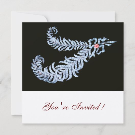 ダイヤモンドの羽根、ピンクのリボン ブラック&ホワイトウェディング 招待状 (正面)