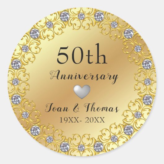 ダイヤモンドの花輪とシルバーのハート ラウンドシール (正面)