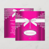 ダイヤモンドの蝶リボン付きホットピンクのキンセアニエラ 招待状 (正面/裏面)