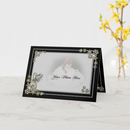 ダイヤモンドの雪の薄片及びハートの冬の写真 カード (黄色い花)