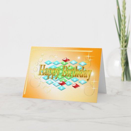 ダイヤモンドは金ゴールドとオレンジの誕生日に泡を立てる カード (正面)