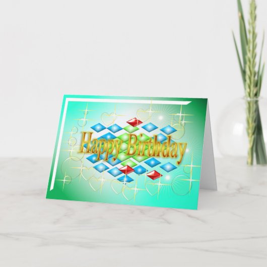 ダイヤモンドは金ゴールドと緑の誕生日に泡立つ カード (正面)