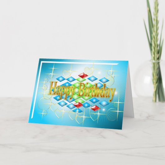 ダイヤモンドは金ゴールドと青い誕生日に泡立つ カード (正面)