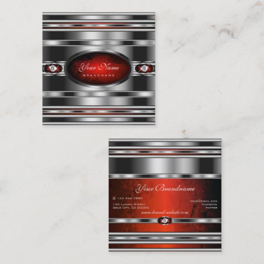 ダイヤモンドを使用した赤い大理石のグラマラスなシルバーエフェクト スクエア名刺 (正面/裏面)