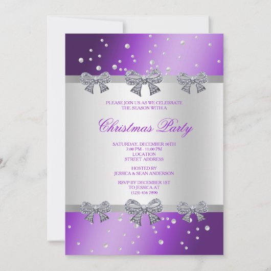 ダイヤモンドエレガントの弓と真珠のクリスマス 招待状 (正面)