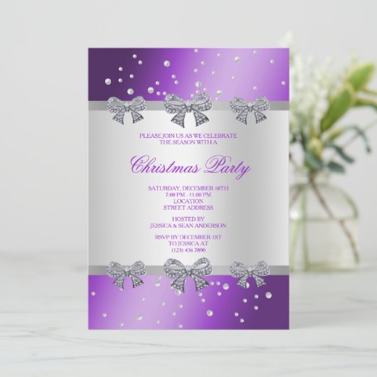 ダイヤモンドエレガントの弓と真珠のクリスマス 招待状 (スタンド正面)