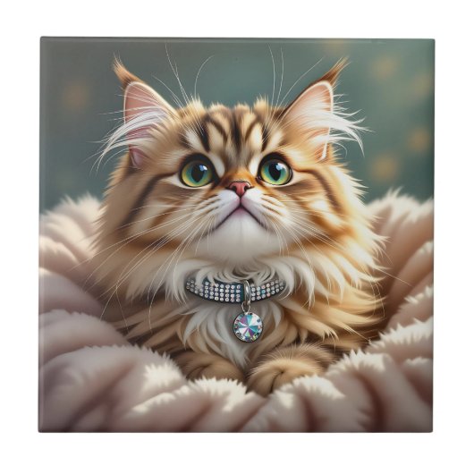 ダイヤモンドカラーのかわいいグレーのふわふわしたタビー猫 タイル (正面)