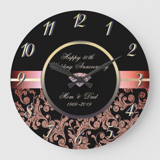 ダイヤモンドグリッターが50周年結婚を渦巻く ラージ壁時計 (正面)