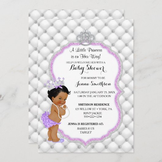 ダイヤモンドグリッターエスニックプリンセスベビーガールラベンダー 招待状 (正面/裏面)