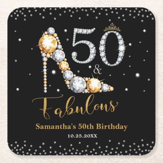 ダイヤモンドグリッターフィフティと素晴らしい50誕生日 スクエアペーパーコースター (正面)