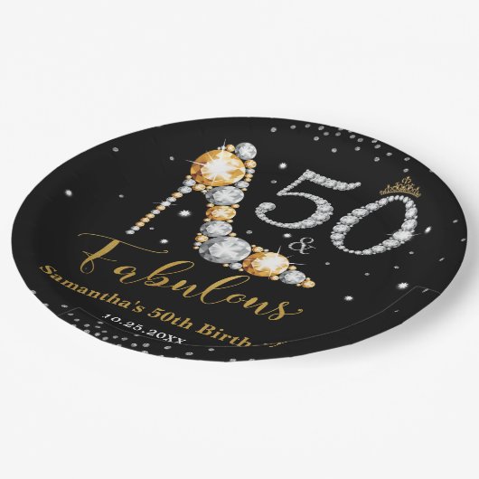 ダイヤモンドグリッターフィフティと素晴らしい50誕生日 ペーパープレート (アングル)