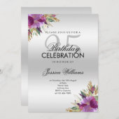 ダイヤモンドグリッター水彩フラワーズシルバー誕生日 招待状 (正面/裏面)