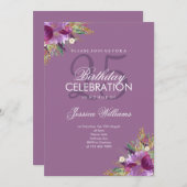 ダイヤモンドグリッター水彩フラワーズメイヴ誕生日 招待状 (正面/裏面)