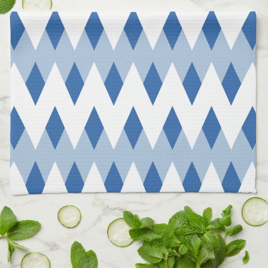 ダイヤモンドシェイプの青いジグザグパターン キッチンタオル (折り畳み)