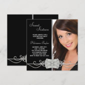 ダイヤモンドシルバーブラックフォトSweet sixteen誕生日 招待状 (正面/裏面)