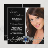ダイヤモンドシルバーブラックフォトSweet sixteen誕生日 招待状 (正面/裏面)