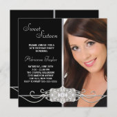 ダイヤモンドシルバーブラックフォトSweet sixteen誕生日 招待状 (正面/裏面)