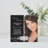 ダイヤモンドシルバーブラックフォトSweet sixteen誕生日 招待状 (スタンド正面)