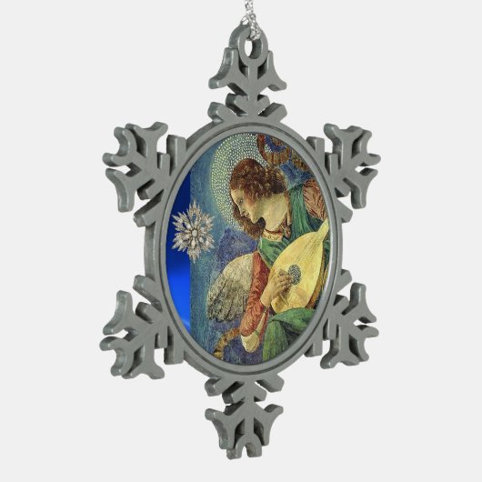 ダイヤモンドスターで音楽を作るクリスマスエンジェル スノーフレークピューターオーナメント (左)