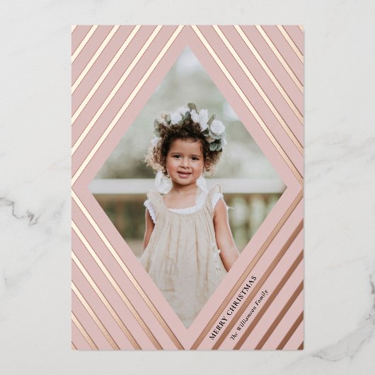 ダイヤモンドストライプフレームフォトクリスマス |赤面 箔シーズンカード (正面)