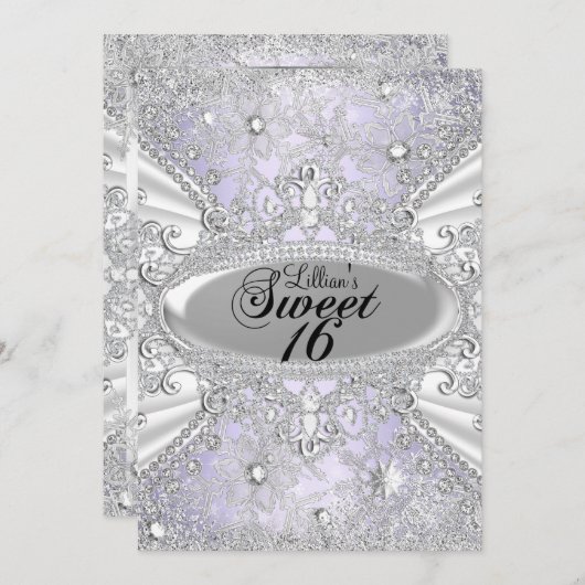 ダイヤモンドスノーフレークパープルウィンターワンダーランドスウィート16 招待状 (正面/裏面)