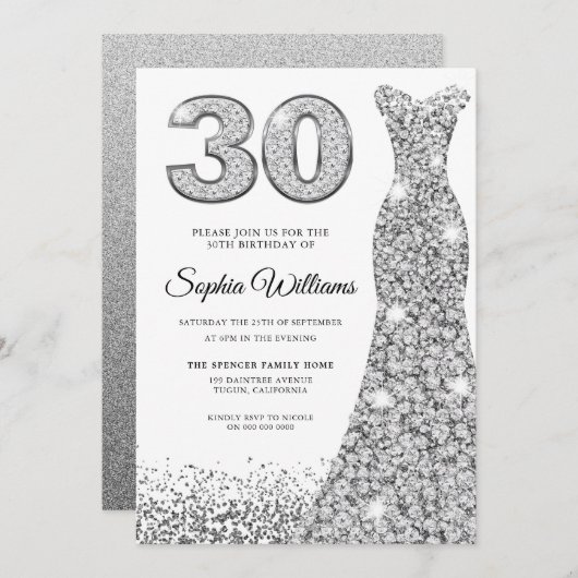 ダイヤモンドスパークルグリッタードレス 30歳誕生日パーティー 招待状 (正面/裏面)