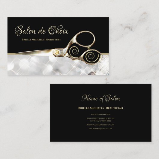 ダイヤモンドスパークルサロン金ゴールドヘアスタイリスト鋏 名刺 (正面/裏面)