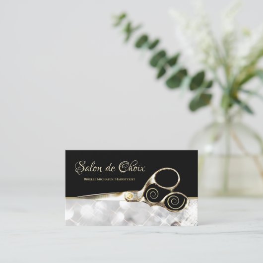 ダイヤモンドスパークルサロン金ゴールドヘアスタイリスト鋏 名刺 (スタンド正面)