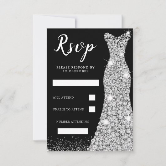 ダイヤモンドスパークルドレス 誕生日パーティー ウェディング ブラック 出欠カード (正面)