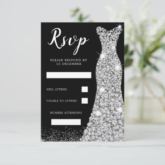 ダイヤモンドスパークルドレス 誕生日パーティー ウェディング ブラック 出欠カード (スタンド正面)