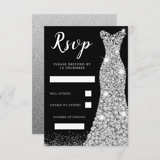 ダイヤモンドスパークルドレス 誕生日パーティー ウェディング ブラック 出欠カード (正面/裏面)