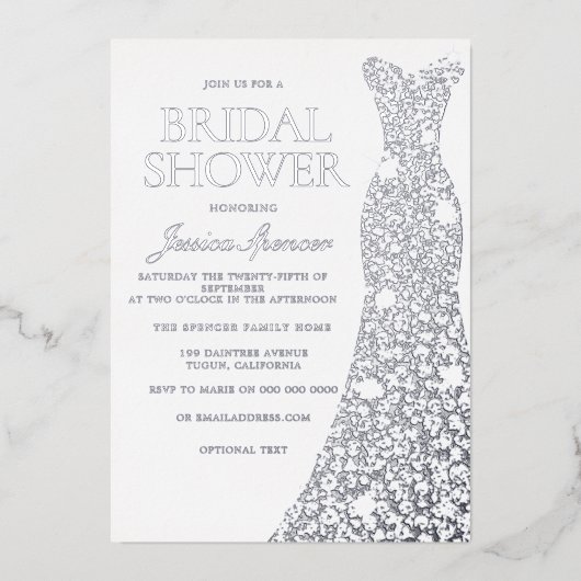 ダイヤモンドスパークルドレ結婚スのブライダルシャワーシルバー 箔招待状 (正面)