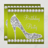 ダイヤモンドセログリーンハイヒールシューバースデーパーティー 招待状 (正面/裏面)