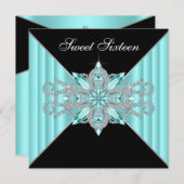 ダイヤモンドターコイズブルーとブラックの誕生日 招待状 (正面/裏面)