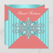 ダイヤモンドターコイズブルーコーラルスウィート16誕生日 招待状 (正面/裏面)