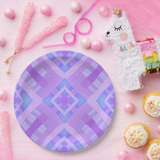 ダイヤモンドチェックパッチワーク – 薄紫ブルー1 ペーパープレート (パーティー)