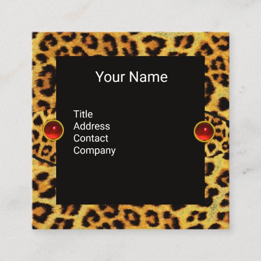 ダイヤモンドチューリップヒョウ毛皮リボン、ルビー宝石 スクエア名刺 (正面)