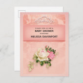 ダイヤモンドティアラ赤ちゃんエレガントシャワー付きピンク色のフローラ インビテーションポストカード (正面/裏面)