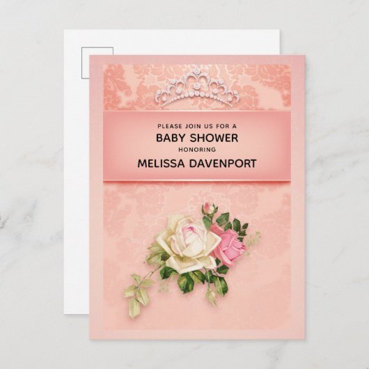 ダイヤモンドティアラ赤ちゃんエレガントシャワー付きピンク色のフローラ インビテーションポストカード (正面/裏面)
