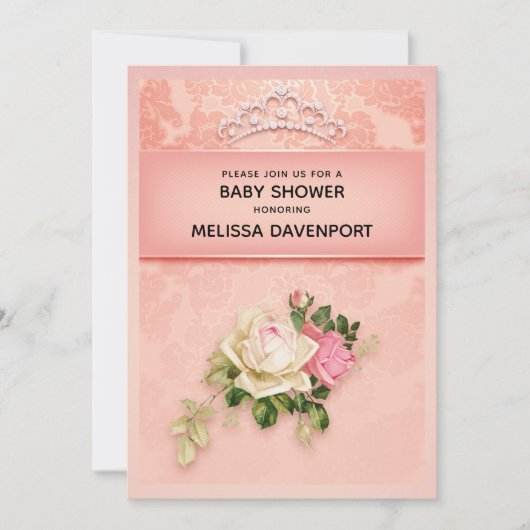 ダイヤモンドティアラ赤ちゃんエレガントシャワー付きピンク色のフローラ 招待状 (正面)