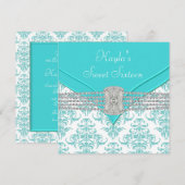 ダイヤモンドティール（緑がかった色）ブルーダマスクSweet sixteen誕生日 招待状 (正面/裏面)