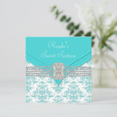 ダイヤモンドティール（緑がかった色）ブルーダマスクSweet sixteen誕生日 招待状 (スタンド正面)