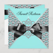 ダイヤモンドティール（緑がかった色）ブルーブラックスウィート16バースデーパーティー 招待状 (正面/裏面)