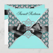 ダイヤモンドティール(緑がかった色)ブルーブラックスウィート16バースデーパーティー 招待状 (正面/裏面)