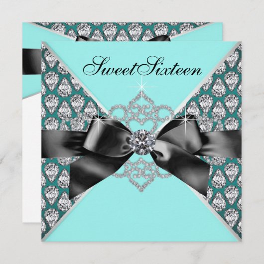 ダイヤモンドティール（緑がかった色）ブルーブラックスウィート16バースデーパーティー 招待状 (正面/裏面)