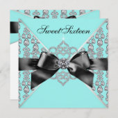 ダイヤモンドティール（緑がかった色）ブルーブラックスウィート16バースデーパーティー 招待状 (正面/裏面)